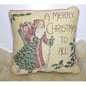 Vintage Christmas Throw PILLOW Toss Pink Santa Tapestry Decor Victorian ST Nick